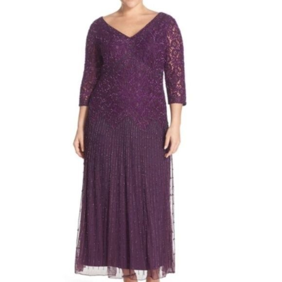 Pisarro Nights Dresses & Skirts - Pisarro Nights Beaded V-Neck Lace Illusion Quarter Sleeves Gown Purple